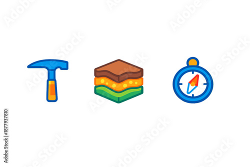 Geology Icons: Hammer, Strata, and Compass