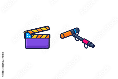 Clapperboard and boom microphone icons with glow