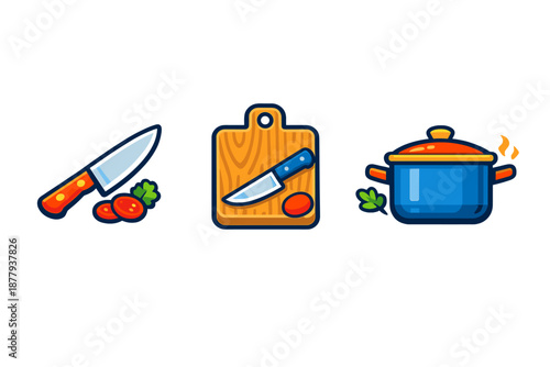 Cooking icons: knife and cutting board, pot with steam