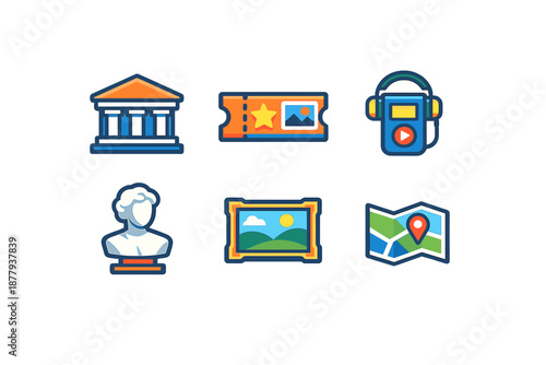 Set of museum icons: building, ticket, audio guide, bust, painting