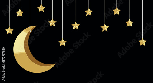 Golden crescent moon and hanging stars border vector illustration
