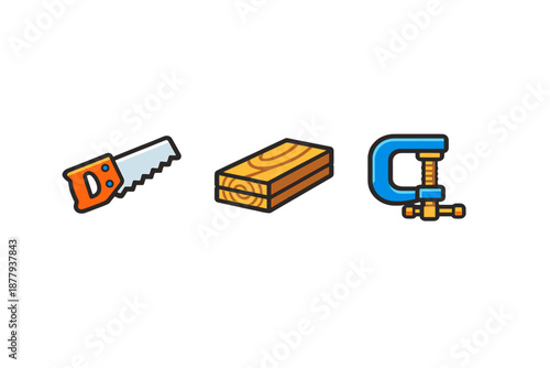 Set of carpentry tools: saw, wood planks and clamp