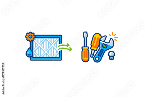 Air filter maintenance and repair icons with tools