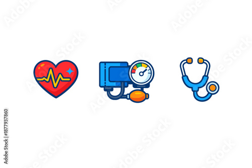 Medical icons: heartbeat, blood pressure monitor, stethoscope