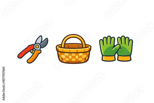 Gardening tools: pruner, basket, and gloves on a background