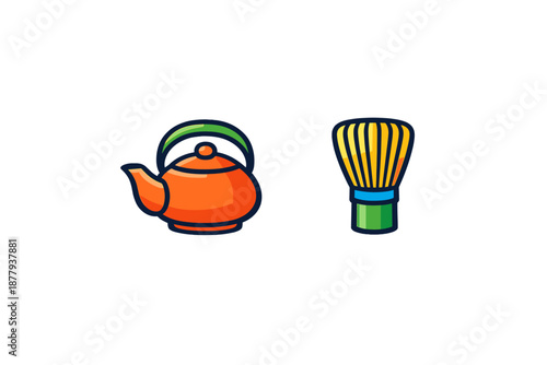 Japanese tea ceremony whisk and orange teapot icons