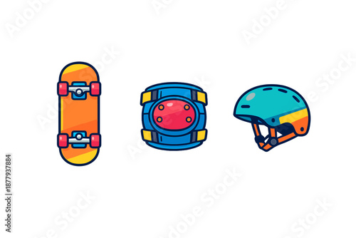Skateboard, knee pads, and helmet icons