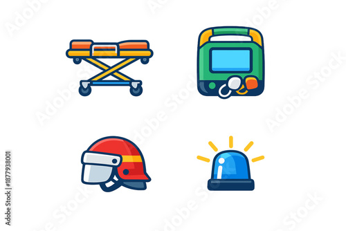 Emergency services icons: stretcher, defibrillator, helmet, siren