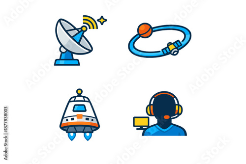 Space icons: satellite dish, orbit, capsule, operator