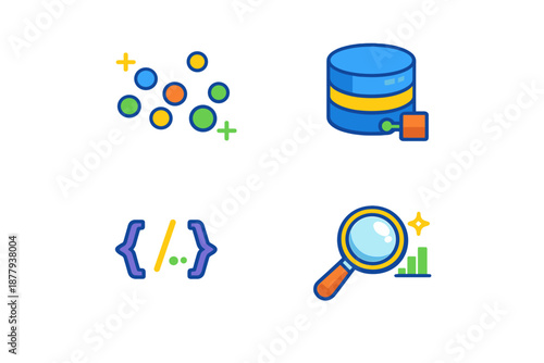 Digital icons for data analysis, coding, database, and search