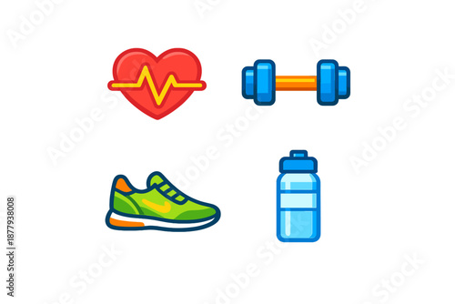 Fitness icons: heart, dumbbell, shoe, and water bottle
