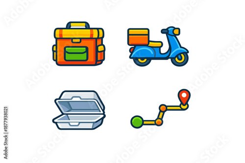 Food Delivery Icons: Bag, Scooter, Container, and Map