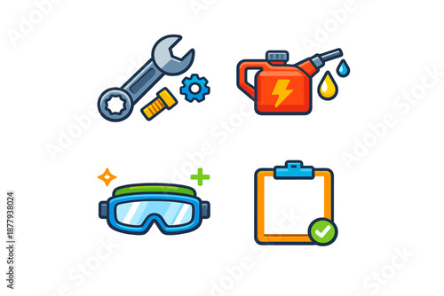 Set of four flat design icons for construction and maintenance