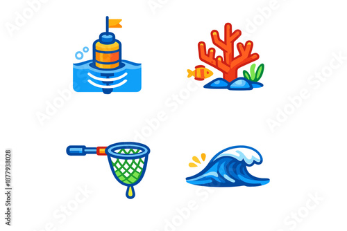 Ocean and fishing icons in neon style