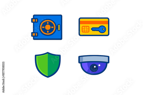 Security Icons: Safe, Credit Card, Shield, and Camera