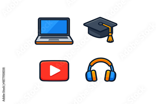 Online education icons: laptop, graduation cap, play button