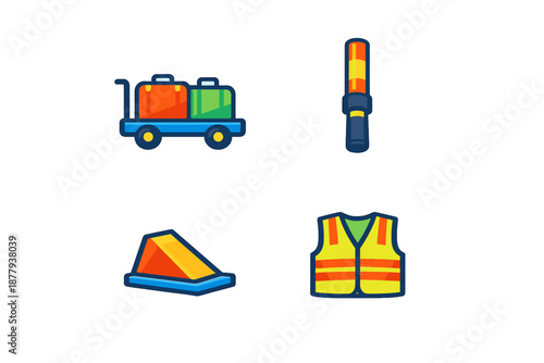 Airport and travel icons: luggage cart, signal wand, cone, vest