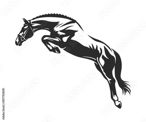 Silhouette of a jumping horse in black and white vector illustration on white background