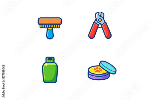 Pet grooming tools and supplies icons