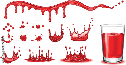 Red Liquid Splash and Juice Drop Elements with Flowing Drips, Splashes, and Glass Illustration for Beverage, Packaging, and Creative Design Projects