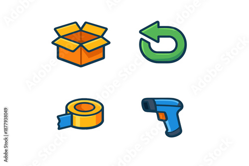 Set of four icons: open box, refresh arrow, tape roll, and scanner