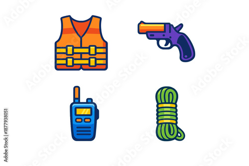 Four survival gear icons: life vest, handgun, walkie-talkie, rope