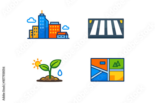 City, road, plant, and map icons with neon glow