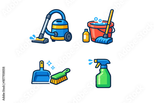 Set of cartoon cleaning tools icons with glowing effect