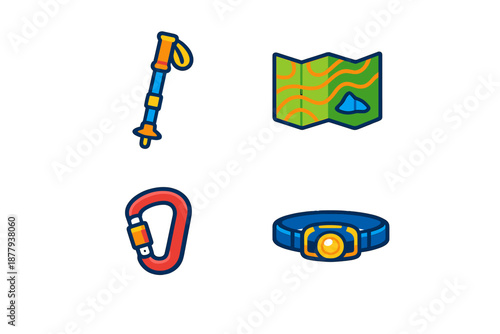 Camping and hiking gear icons: pole, map, carabiner, headlamp