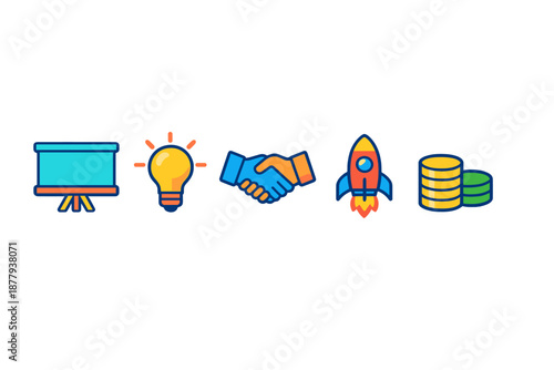 Business startup icons: presentation, idea, handshake, rocket, coins