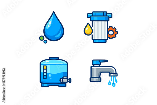 Water purification and supply icons set