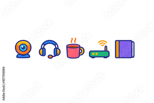 Technology icons: webcam, headphones, coffee, router, book
