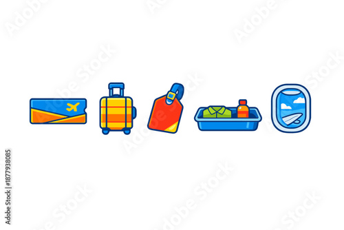 Travel icons including airplane ticket, suitcase, tag, and airplane
