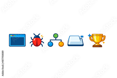 Coding icons: browser, bug, flowchart, keyboard, and trophy