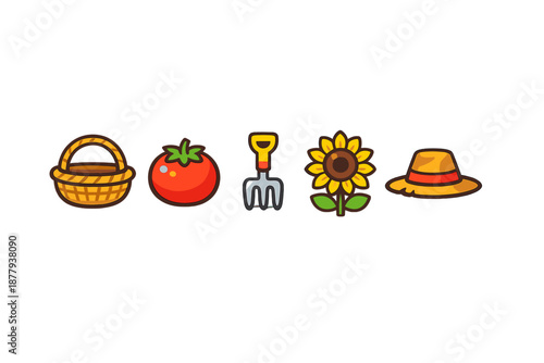 Farm Icons: Basket, Tomato, Rake, Sunflower, Hat