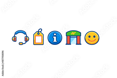 Set of 5 modern icons: headphones, tag, info, airport, smiley face