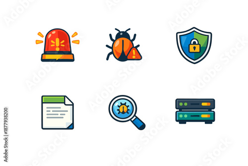 Cybersecurity icons: alarm, bug, shield, document, search, server