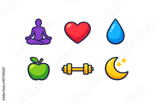 Healthy Lifestyle Icons - Yoga, Heart, Water, Apple, Dumbbell, Moon
