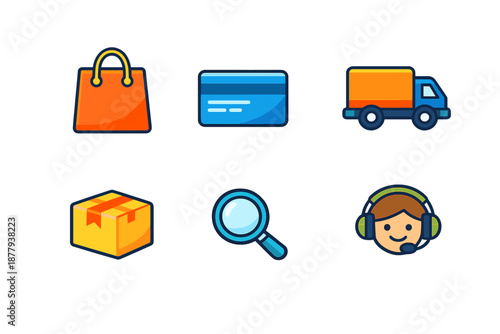E-commerce icons: shopping bag, credit card, delivery truck, box