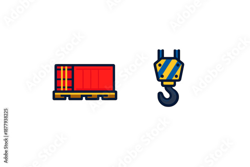 Shipping container on a pallet and a crane hook