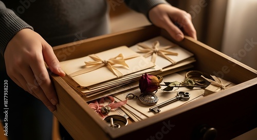 Sentimental keepsakes and cherished memories stored in a wooden drawer with keys and old letters tied with ribbon