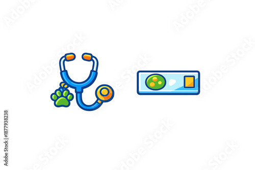 Veterinary icons: stethoscope with paw print and microscope