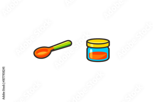 Cartoon spoon and jar with orange liquid