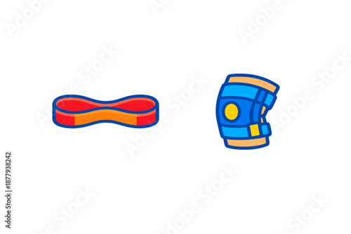 Resistance band and knee brace flat design icons with glowing effect