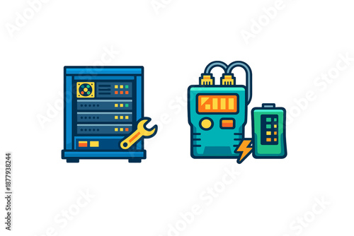 Server maintenance and battery charging concept illustration