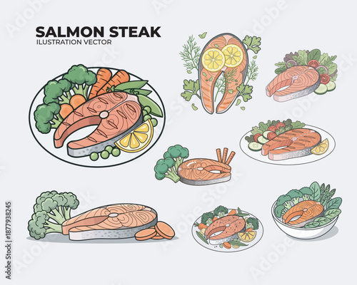 Grilled Salmon Steak with lemon and vegetables bundle ilustration flat and cartoon