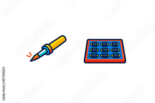 Soldering iron and electronic components on a dark background