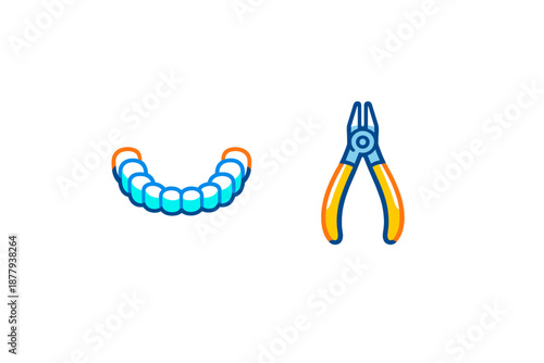 Neon dental braces and pliers against dark background