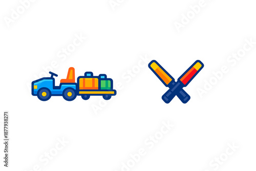 Stylized cartoon train and crossed lightsabers on dark background
