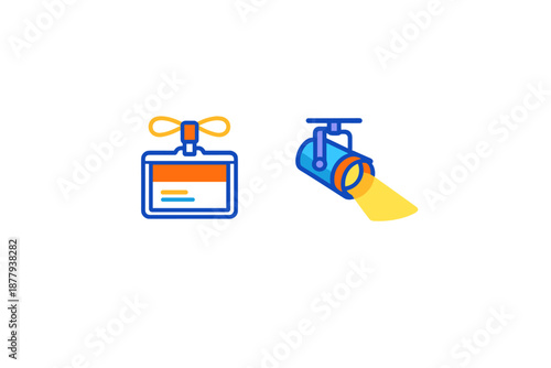 Stylized icons of a spotlight and a badge with light effects